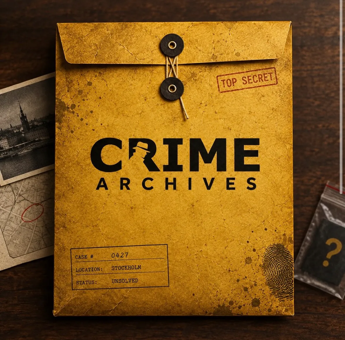 Gul Crime Archives-casefile med konfidentiell stämpel på ett mörkt bord
